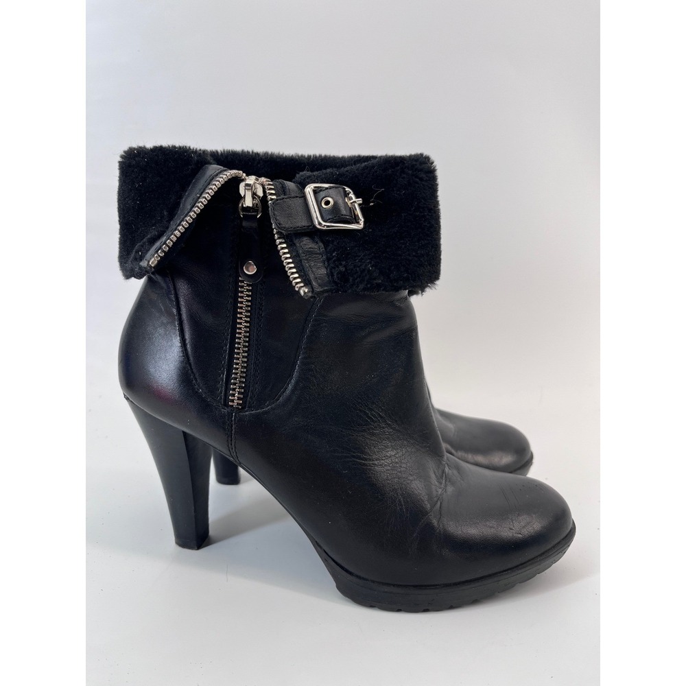 Anne Klein Black Leather Faux Fur Cuff Ankle Boots Heel 8.5M Classy Alchemist